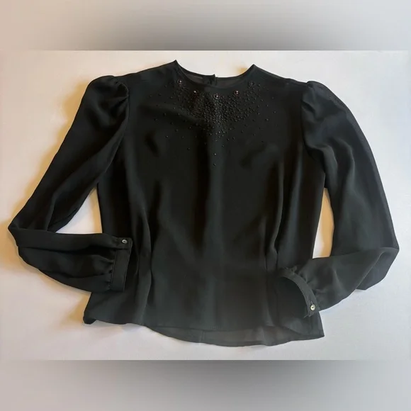 VINTAGE NEIMAN MARCUS Women’s Sheer‎ Black Long Sleeve Peplum Beaded Blouse Sz 4 - Picture 3 of 16